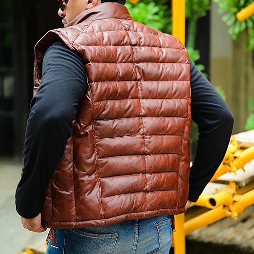 Leather Puffer Vest with Removable Hood