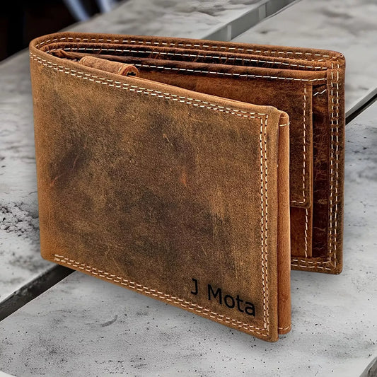 Personalised Custom Engraved RFID Blocking Mens Distressed Hunter leather Wallet